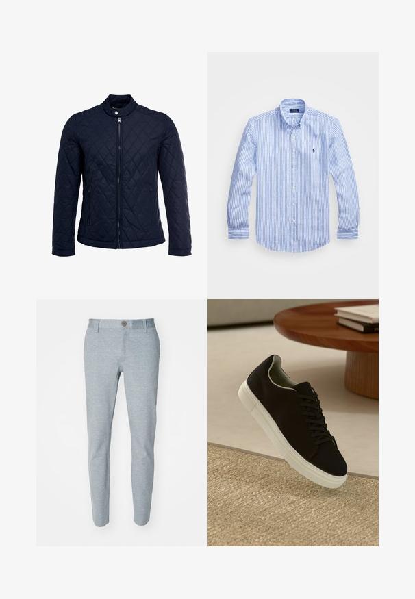 Marineblå quiltet jakke med ståkrave, fuld lynlås foran og to sidelommer. Materialet har en glat tekstur med diamantmønstre.; Blå og hvid stribet langærmet skjorte lavet af bomuld, med knap-ned krave, frontknapper og et lille broderet logo på brystet.; Lyseblå bukser lavet af tekstureret stof, med knaplukning og tapered ben design. Ingen synlige mønstre eller accenter.; Sort sneaker med hvid sål svævende over en beige tekstureret tæppe nær et rundt trætabel med stablede bøger.