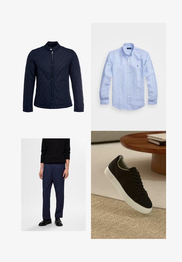 Tengerész kék steppelt dzseki, állógallérral, teljes előlapi cipzárral és két oldalsó zsebbel. Az anyag sima textúrájú, gyémánt mintázattal.; Kék és fehér csíkos, hosszú ujjú pamut ing, gombos gallérral, elől gombokkal és egy kis hímzett logóval a mellkason.; Sötétkék, sima anyagból készült, szabott nadrág, egyenes szabással és diszkrét elülső redőkkel, fekete öltönycipővel párosítva.; Fekete sneakers fehér talppal lebeg egy bézs textúrájú szőnyeg felett, egy kerek fából készült asztal közelében, rajta egymásra pakolt könyvekkel.