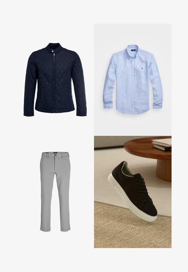 Veste matelassée bleu marine avec col montant, fermeture éclair sur le devant et deux poches latérales. Le matériau a une texture lisse avec des motifs en losange.; Chemise à rayures bleues et blanches à manches longues en coton, dotée d'un col boutonné, de boutons sur le devant et d'un petit logo brodé sur la poitrine.; Pantalons gris en tissu léger, à coupe droite, avec une fermeture éclair et un bouton unique à la taille.; Baskets noires avec semelle blanche flottant au-dessus d'un tapis texturé beige, près d'une table en bois ronde avec des livres empilés.