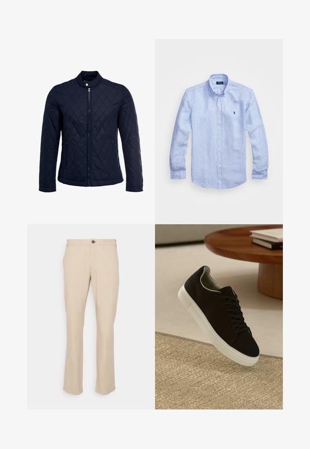 Veste matelassée bleu marine avec col montant, fermeture éclair sur le devant et deux poches latérales. Le matériau a une texture lisse avec des motifs en losange.; Chemise à rayures bleues et blanches à manches longues en coton, dotée d'un col boutonné, de boutons sur le devant et d'un petit logo brodé sur la poitrine.; Pantalon en coton beige avec une coupe droite, poches avant et fermeture à bouton marron. Texture lisse et finition d'ourlet standard.; Baskets noires avec semelle blanche flottant au-dessus d'un tapis texturé beige, près d'une table en bois ronde avec des livres empilés.