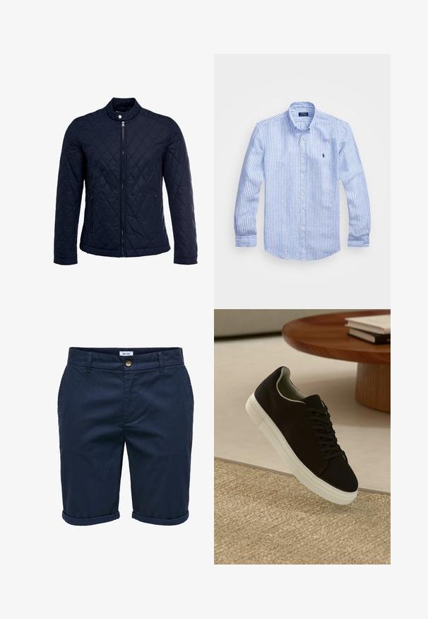 Jachetă matlasată de culoare bleumarin, cu guler în picioare, fermoar pe întreaga lungime și două buzunare laterale. Materialul are o textură netedă, cu modele în diamant.; Cămașă cu dungi albastre și albe, cu mânecă lungă, fabricată din bumbac, având un guler cu nasturi, nasturi pe față și un mic logo brodat pe piept.; Pantaloni scurți de culoare albastru marin, dintr-un material texturat, cu închidere prin buton, cu margini răsucite și buzunare laterale, având un model subtil.; Pantof din material textil negru, cu talpă albă, plutind deasupra unui covor texturat bej, lângă o masă rotundă din lemn cu cărți stivuite.