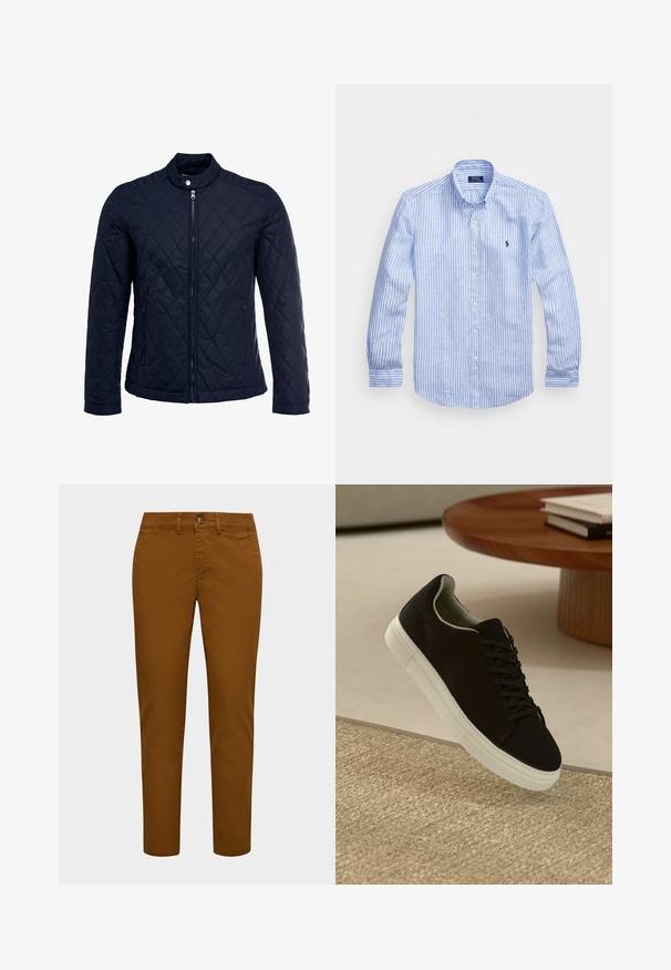 Jūras spēku krāsas nokrāsots džemperis ar izšūtu apkakli, pilnu priekšējo rāvējslēdzēju un divām sānu kabatām. Materiāls ir ar gludu faktūru, ar dimanta rakstiem.; Zila un baltā svītru garām piedurknēm krekls izgatavots no kokvilnas, ar pogājamu apkakli, priekšējām pogām un nelielu izšūtu logotipu uz krūtīm.; Brūni kokvilnas chinos ar šauru piegriezumu, ar priekšējo pogu aizdari un jostu cilpiņām. Gluda tekstūra un sašaurinātas kājas.; Melni sporta apavi ar baltu zoli, kas peld virs bēša tekstūrēta paklāja netālu no apaļa koka galda ar sakrautiem grāmatām.