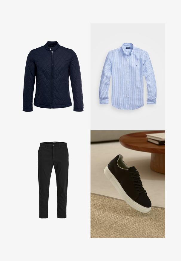 Marinefarbenes wattiertes Jackett mit Stehkragen, durchgehendem Reißverschluss und zwei seitlichen Taschen. Das Material hat eine glatte Textur mit Rautenmuster.; Blau-weißer gestreifter Langarmshirt aus Baumwolle mit einem Button-Down-Kragen, Frontknöpfen und einem kleinen gestickten Logo auf der Brust.; Schwarze Chinos mit slim fit, aus Baumwolle. Mit Knopfverschluss, Fronttaschen und einer glatten Textur. Sauberes Design ohne Muster.; Schwarze Sneakers mit weißer Sohle, die über einem beige strukturierten Teppich schweben, in der Nähe eines runden Holztisches mit gestapelten Büchern.