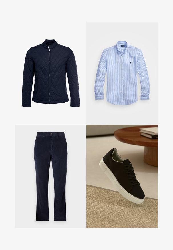 Mornarsko podloženo jakno z dvignjenim ovratnikom, polnim zadrgo in dvema stranskima žepoma. Material ima gladko teksturo s diamantnimi vzorci.; Modra in bela prugasta srajca z dolgimi rokavi iz bombaža, s kragnico na gumb, sprednjimi gumbi in majhnim izvezenim logotipom na prsih.; Mornarji žametni hlače s ravnim krojem, ki vključujejo gumb za zapiranje, zanke za pas in teksturirano rebrasto blago.; Črni športni copat z belim podplatom lebdi nad bež teksturiranim preprogam blizu okroglega lesenega mize z zloženimi knjigami.