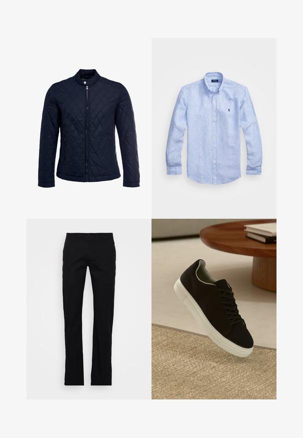 Marineblauwe gewatteerde jas met een staande kraag, volledige ritssluiting aan de voorkant en twee zijzakken. Materiaal heeft een gladde textuur met ruitpatronen.; Blauw-wit gestreept overhemd met lange mouwen van katoen, met een button-down kraag, knopen aan de voorkant en een klein geborduurd logo op de borst.; Zwarte recht-toe-rechtdoor broek van katoen, met een knoopsluiting, riemlussen en een eenvoudig ontwerp zonder extra patronen of hardware.; Zwarte sneaker met witte zool die boven een beige gestructureerd tapijt zweeft, nabij een ronde houten tafel met gestapelde boeken.