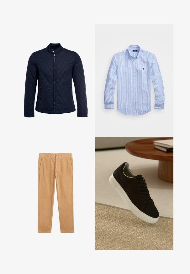 Jūras spēku krāsas nokrāsots džemperis ar izšūtu apkakli, pilnu priekšējo rāvējslēdzēju un divām sānu kabatām. Materiāls ir ar gludu faktūru, ar dimanta rakstiem.; Zila un baltā svītru garām piedurknēm krekls izgatavots no kokvilnas, ar pogājamu apkakli, priekšējām pogām un nelielu izšūtu logotipu uz krūtīm.; Gai brūni korduroja bikses ar taisnu kāju griezumu, ar sānu kabatām un gludu tekstūru. Nav redzamu rakstu vai akcentu.; Melni sporta apavi ar baltu zoli, kas peld virs bēša tekstūrēta paklāja netālu no apaļa koka galda ar sakrautiem grāmatām.