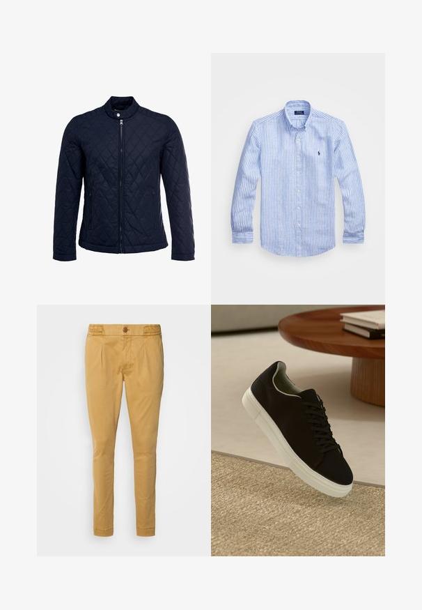 Giacca trapuntata blu navy con colletto alto, zip frontale completa e due tasche laterali. Il materiale ha una texture liscia con motivi a rombi.; Camicia a maniche lunghe a righe bianche e blu in cotone, con colletto button-down, bottoni frontali e un piccolo logo ricamato sul petto.; Pantaloni in cotone color sabbia con chiusura a bottoni, texture liscia, gamba affusolata e pince frontali. Progettati per una silhouette aderente.; Sneaker nero con suola bianca che flotta sopra un tappeto beige testurizzato vicino a un tavolo rotondo in legno con libri impilati.