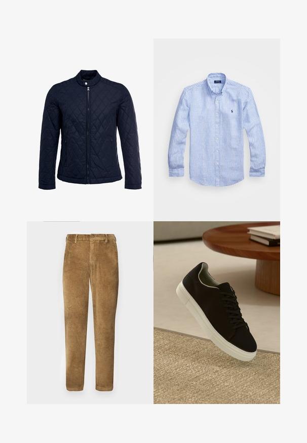 Mörkblå vadderad jacka med ståkrage, fullständig dragkedja framtill och två sidofickor. Tyget har en slät yta med diamantmönster.; Blå och vit randig långärmad skjorta i bomull, med en knapp ner-krage, framknappar och en liten broderad logotyp på bröstet.; Bruna kordfløyelsbyxor med vertikal ribbad textur, rak passform, knappstängning och bälteshällor. Slät tyg med en mjuk finish.; Svart sneakers med vit sula svävande över en beige texturerad matta nära ett runt träbord med staplade böcker.