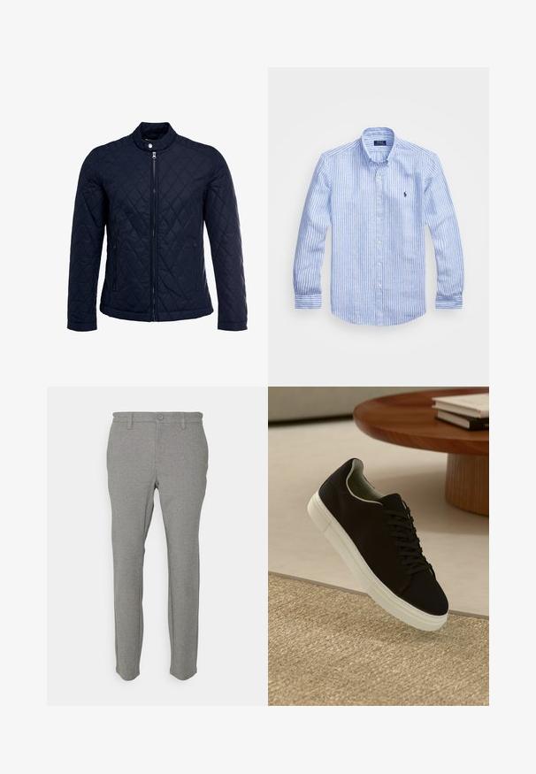 Navy quilted jacket featuring a stand-up collar, full front zip, and two side pockets. Material has a smooth texture with diamond patterns.; Blue and white striped long-sleeve shirt made of cotton, featuring a button-down collar, front buttons, and a small embroidered logo on the chest.; Light gray trousers made from soft fabric, featuring a straight cut, belt loops, and a single button closure. Smooth texture, minimal design.; Black sneaker with white sole floating above beige textured rug near round wooden table with stacked books.