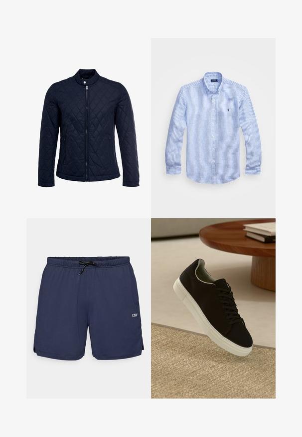 Chaqueta acolchada de color navy que cuenta con un cuello alzado, cierre frontal completo y dos bolsillos laterales. El material tiene una textura suave con patrones en forma de rombo.; Camisa de manga larga a rayas azul y blanca hecha de algodón, con cuello de botón, botones en el frente y un pequeño logo bordado en el pecho.; Bañadores de color azul marino con un patrón texturizado, cintura elástica y cordón ajustable. Presenta aberturas laterales para mayor movilidad y un detalle de logo.; Zapatilla negra con suela blanca flotando sobre una alfombra texturizada beige cerca de una mesa redonda de madera con libros apilados.