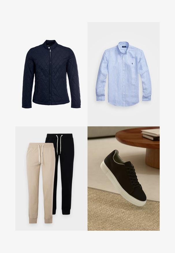 Jūras spēku krāsas nokrāsots džemperis ar izšūtu apkakli, pilnu priekšējo rāvējslēdzēju un divām sānu kabatām. Materiāls ir ar gludu faktūru, ar dimanta rakstiem.; Zila un baltā svītru garām piedurknēm krekls izgatavots no kokvilnas, ar pogājamu apkakli, priekšējām pogām un nelielu izšūtu logotipu uz krūtīm.; Divas pāri treniņbiksēm: vienas beigtas un otras melnas, ar elastīgām aprocēm un aukliņām jostasvietā ar sudraba aksesuāriem.; Melni sporta apavi ar baltu zoli, kas peld virs bēša tekstūrēta paklāja netālu no apaļa koka galda ar sakrautiem grāmatām.