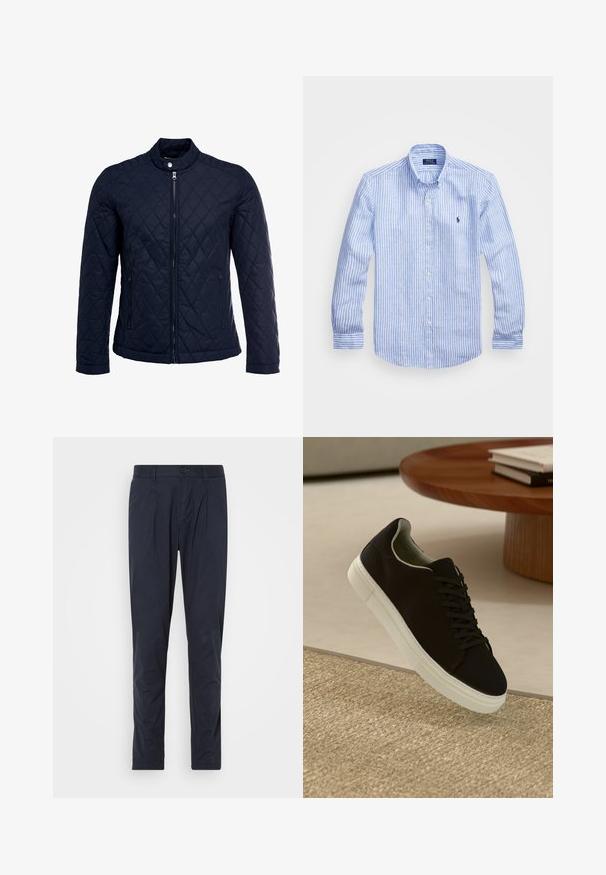 Mornarsko podloženo jakno z dvignjenim ovratnikom, polnim zadrgo in dvema stranskima žepoma. Material ima gladko teksturo s diamantnimi vzorci.; Modra in bela prugasta srajca z dolgimi rokavi iz bombaža, s kragnico na gumb, sprednjimi gumbi in majhnim izvezenim logotipom na prsih.; Mornarske modre hlače z gladko teksturo, zloženo sprednje oblikovanje in gumbom za zapiranje. Elastičen pas za dodatno udobje in prileganje.; Črni športni copat z belim podplatom lebdi nad bež teksturiranim preprogam blizu okroglega lesenega mize z zloženimi knjigami.