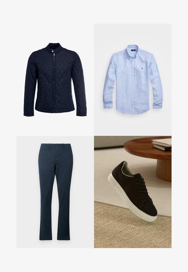 Jūras spēku krāsas nokrāsots džemperis ar izšūtu apkakli, pilnu priekšējo rāvējslēdzēju un divām sānu kabatām. Materiāls ir ar gludu faktūru, ar dimanta rakstiem.; Zila un baltā svītru garām piedurknēm krekls izgatavots no kokvilnas, ar pogājamu apkakli, priekšējām pogām un nelielu izšūtu logotipu uz krūtīm.; Tums zila, kokvilnas maisījuma bikses ar taisnu kāju dizainu, kas aprīkotas ar priekšējiem kabatām, pogu aizdari un jostas cilpām. Gluda tekstūra.; Melni sporta apavi ar baltu zoli, kas peld virs bēša tekstūrēta paklāja netālu no apaļa koka galda ar sakrautiem grāmatām.