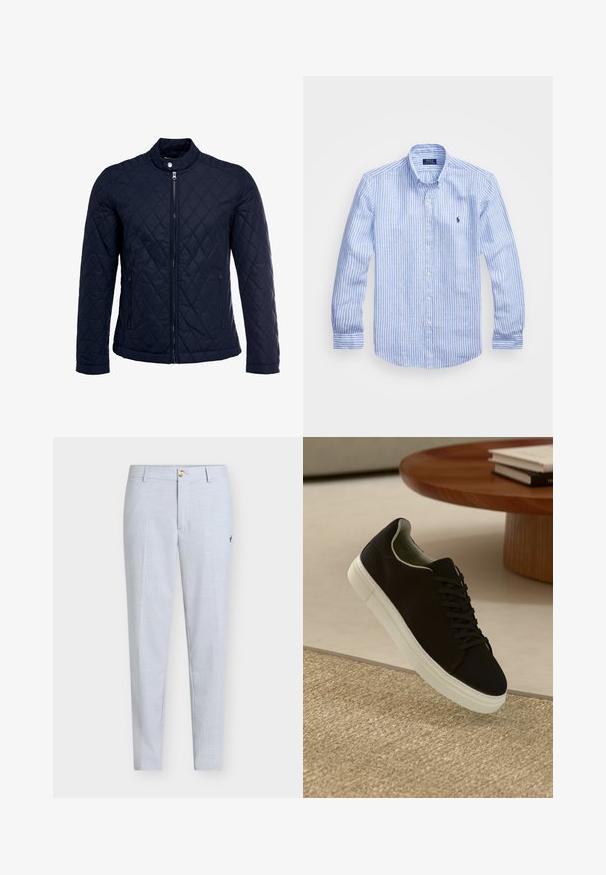 Giacca trapuntata blu navy con colletto alto, zip frontale completa e due tasche laterali. Il materiale ha una texture liscia con motivi a rombi.; Camicia a maniche lunghe a righe bianche e blu in cotone, con colletto button-down, bottoni frontali e un piccolo logo ricamato sul petto.; Pantaloni azzurri in tessuto strutturato, con gamba dritta, chiusura con bottone e un piccolo ricamo sul lato.; Sneaker nero con suola bianca che flotta sopra un tappeto beige testurizzato vicino a un tavolo rotondo in legno con libri impilati.