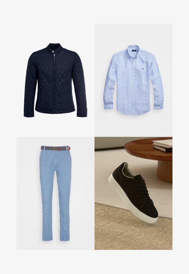 Tengerész kék steppelt dzseki, állógallérral, teljes előlapi cipzárral és két oldalsó zsebbel. Az anyag sima textúrájú, gyémánt mintázattal.; Kék és fehér csíkos, hosszú ujjú pamut ing, gombos gallérral, elől gombokkal és egy kis hímzett logóval a mellkason.; Világoskék pamut nadrág, lapos elülső résszel, egyenes lábvonallal és barna részletekkel díszített mintás szőtt övvel.; Fekete sneakers fehér talppal lebeg egy bézs textúrájú szőnyeg felett, egy kerek fából készült asztal közelében, rajta egymásra pakolt könyvekkel.