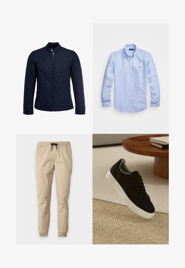 Veste matelassée bleu marine avec col montant, fermeture éclair sur le devant et deux poches latérales. Le matériau a une texture lisse avec des motifs en losange.; Chemise à rayures bleues et blanches à manches longues en coton, dotée d'un col boutonné, de boutons sur le devant et d'un petit logo brodé sur la poitrine.; Pantalons légers beiges avec une taille élastique et un cordon de serrage, présentant des jambes effilées avec des poignets élastiques. Tissu lisse et texturé.; Baskets noires avec semelle blanche flottant au-dessus d'un tapis texturé beige, près d'une table en bois ronde avec des livres empilés.