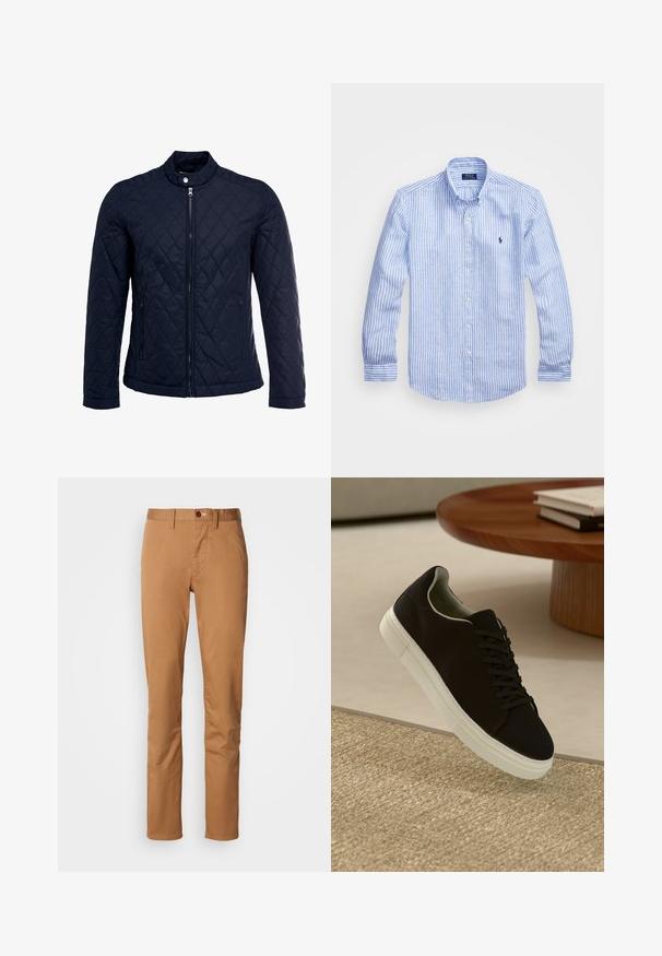 Navy quilted jacket featuring a stand-up collar, full front zip, and two side pockets. Material has a smooth texture with diamond patterns.; Blue and white striped long-sleeve shirt made of cotton, featuring a button-down collar, front buttons, and a small embroidered logo on the chest.; Slim-fit khaki pants with button and zip closure, belt loops, and side pockets against a white background.; Black sneaker with white sole floating above beige textured rug near round wooden table with stacked books.