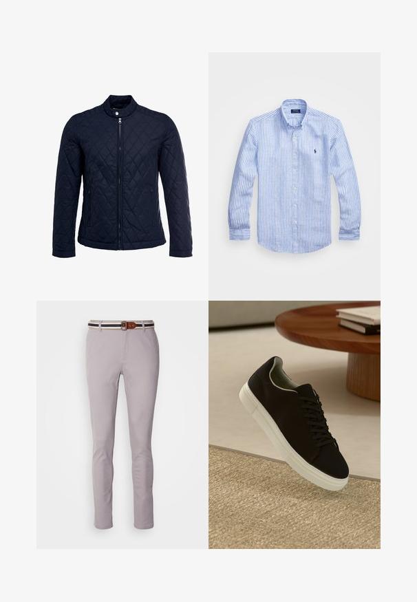 Marinefarbenes wattiertes Jackett mit Stehkragen, durchgehendem Reißverschluss und zwei seitlichen Taschen. Das Material hat eine glatte Textur mit Rautenmuster.; Blau-weißer gestreifter Langarmshirt aus Baumwolle mit einem Button-Down-Kragen, Frontknöpfen und einem kleinen gestickten Logo auf der Brust.; Helle graue Hose aus Baumwollmischung, mit schmaler Passform, flachem Frontschnitt und einem braun-blauen gestreiften Gürtel mit rechteckiger Schnalle.; Schwarze Sneakers mit weißer Sohle, die über einem beige strukturierten Teppich schweben, in der Nähe eines runden Holztisches mit gestapelten Büchern.