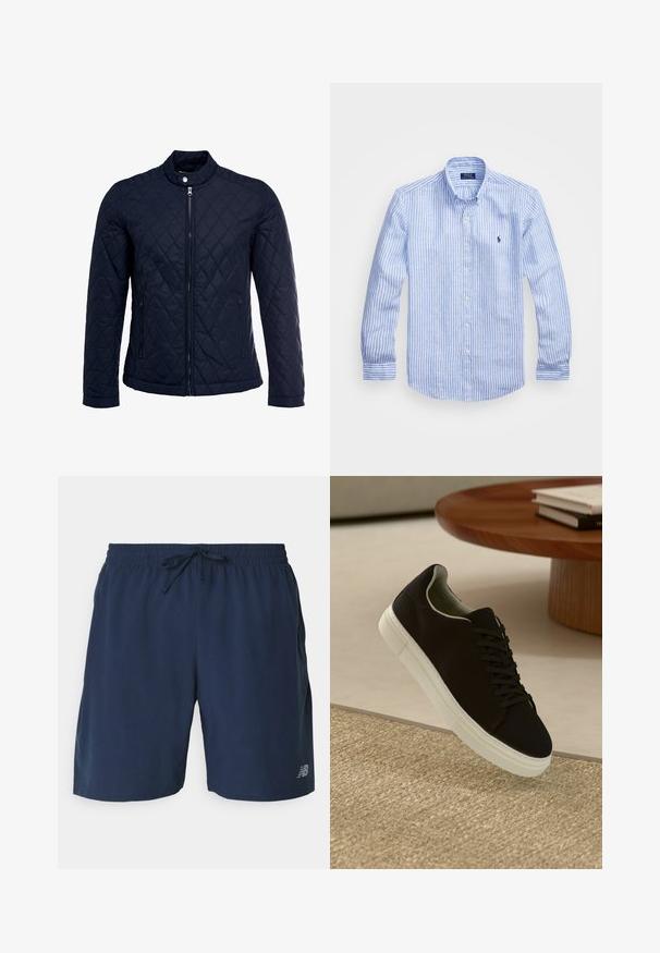 Chaqueta acolchada de color navy que cuenta con un cuello alzado, cierre frontal completo y dos bolsillos laterales. El material tiene una textura suave con patrones en forma de rombo.; Camisa de manga larga a rayas azul y blanca hecha de algodón, con cuello de botón, botones en el frente y un pequeño logo bordado en el pecho.; Pantalones cortos deportivos azul marino con cintura elástica y cordón. Presentan una textura suave y un pequeño logo blanco en el lado inferior.; Zapatilla negra con suela blanca flotando sobre una alfombra texturizada beige cerca de una mesa redonda de madera con libros apilados.