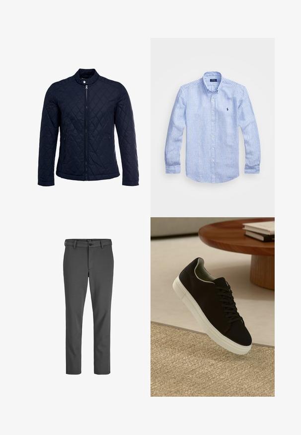 Navy quilted jacket featuring a stand-up collar, full front zip, and two side pockets. Material has a smooth texture with diamond patterns.; Blue and white striped long-sleeve shirt made of cotton, featuring a button-down collar, front buttons, and a small embroidered logo on the chest.; Gray tailored trousers made of smooth fabric, featuring a button closure and belt loops, with a straight cut and no noticeable patterns.; Black sneaker with white sole floating above beige textured rug near round wooden table with stacked books.