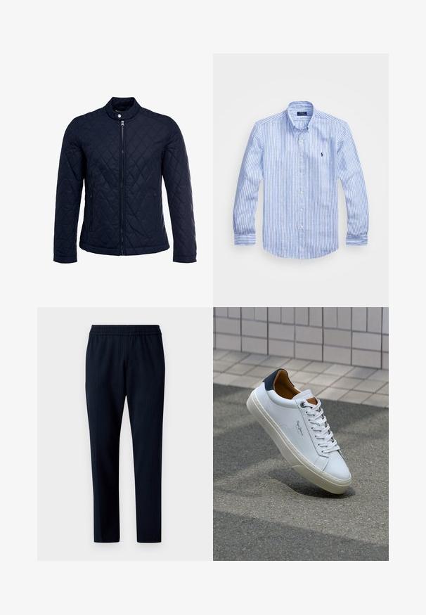 Námorníkovo prešívané sako s vysokým golierom, plným predným zipsom a dvoma bočnými vreckami. Materiál má hladkú textúru s diamantom vzorom.; Modrá a biela prúžkovaná košeľa s dlhými rukávmi vyrobená z bavlny, vybavená golierom na gombíky, prednými gombíkmi a malým vyšitým logom na hrudi.; Námořnické kalhoty s pruhovaným vzorem, vybavené elastickým pasem a zúženým střihem. Vyrobené z tkané látky.; Biele kožené tenisky s námorníckym opätkom, okrúhlou špičkou a kontrastnými hnedými akcentami. Majú ploché šnúrky a textúrovanú gumovú podrážku.