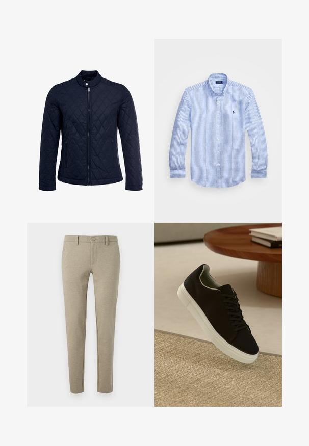 Mornarska jakna od ripsa s uzastopnim ovratnikom, punim prednjim zatvaračem i dva bočna džepa. Materijal ima glatku teksturu s dijamantnim uzorcima.; Plava i bijela prugasta košulja dugih rukava od pamuka, s ovratnikom na dugmad, prednjim dugmadi i malim izvezenim logom na prsima.; Bež hlače od teksturiranog materijala, s kopčanjem na dugme i suženim nogavicama, uz bočne džepove i diskretne detalje šivanja.; Crna tenisica s bijelim potplatom koja lebdi iznad bež teksturiranog tepiha pored okruglog drvenog stola sa složenim knjigama.