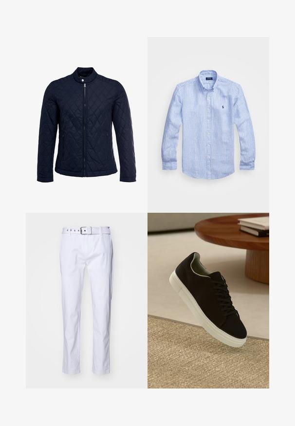 Marineblå quiltet jakke med stått krage, hel frontglidelås og to sidelommer. Materialet har en glatt tekstur med diamantmønster.; Blå og hvit stripete langermet skjorte laget av bomull, med knappekrage, frontknapper og en liten brodert logo på brystet.; Hvite bomullsbukser med rett snitt, med teksturert stoff, beltehemper og et matchende belte med sølvfarge.; Svart sneakers med hvit såle som svever over en beige teksturert teppe nær et rundt trebord med stablede bøker.