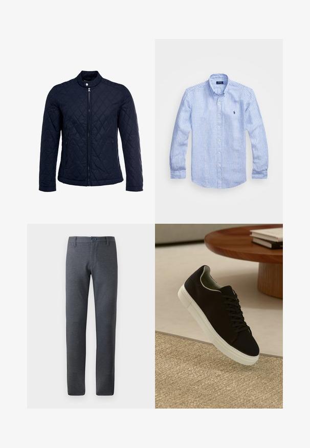 Marineblauwe gewatteerde jas met een staande kraag, volledige ritssluiting aan de voorkant en twee zijzakken. Materiaal heeft een gladde textuur met ruitpatronen.; Blauw-wit gestreept overhemd met lange mouwen van katoen, met een button-down kraag, knopen aan de voorkant en een klein geborduurd logo op de borst.; Grijze, gestructureerde broek met een rechte pasvorm, voorzien van een tailleband met riemlussen, voorzakken en een enkele knoopsluiting.; Zwarte sneaker met witte zool die boven een beige gestructureerd tapijt zweeft, nabij een ronde houten tafel met gestapelde boeken.