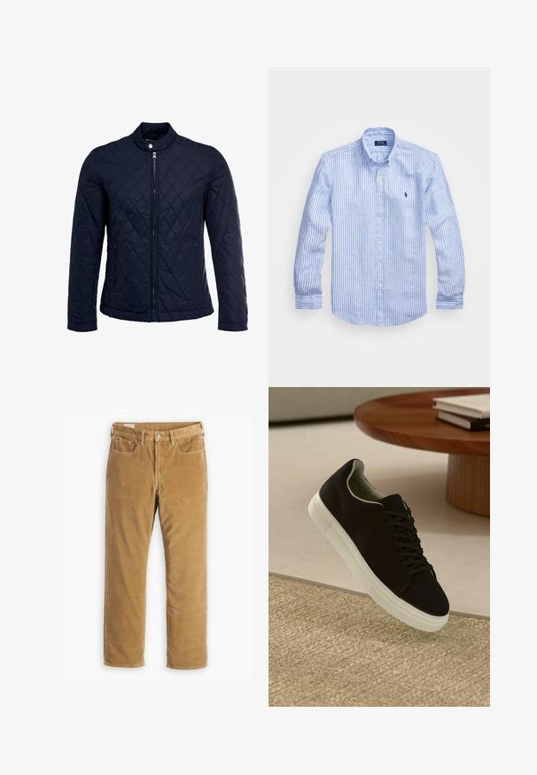 Tumesinine tikitud jakk, millel on püstine krae, täispikk tõmblukk ja kaks küljetaskut. Materjal on sileda tekstuuriga ja kaunistatud rombikujuliste mustritega.; Sinine ja valge triibuline pikkade varrukatega särk, mis on valmistatud puuvillast, ning millel on nööbitav krae, esi-nööbid ja väikese tikandiga logo rinnal.; Levi's® 568® LOOSE STRAIGHT - Loose fit teksad - ermine; Mustad musta tossuga valge tallaga, mis hõljub beeži tekstuuriga vaiba kohal, ümaral puidust laual, mille peal on kokku virnastatud raamatud.