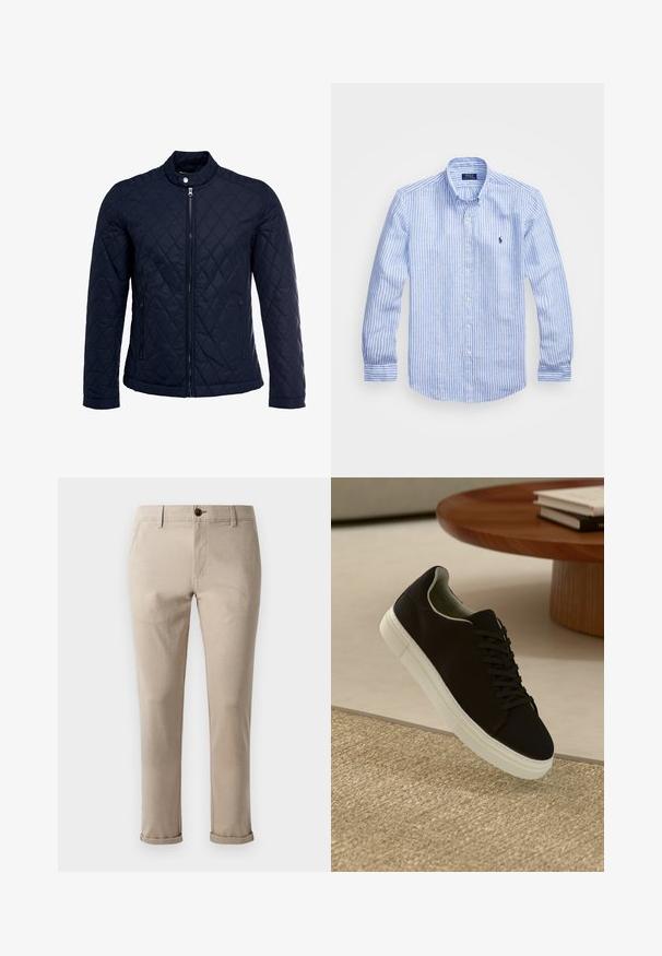 Giacca trapuntata blu navy con colletto alto, zip frontale completa e due tasche laterali. Il materiale ha una texture liscia con motivi a rombi.; Camicia a maniche lunghe a righe bianche e blu in cotone, con colletto button-down, bottoni frontali e un piccolo logo ricamato sul petto.; Jack & Jones JPSTMARCO FURY - Chino - atmosphere; Sneaker nero con suola bianca che flotta sopra un tappeto beige testurizzato vicino a un tavolo rotondo in legno con libri impilati.