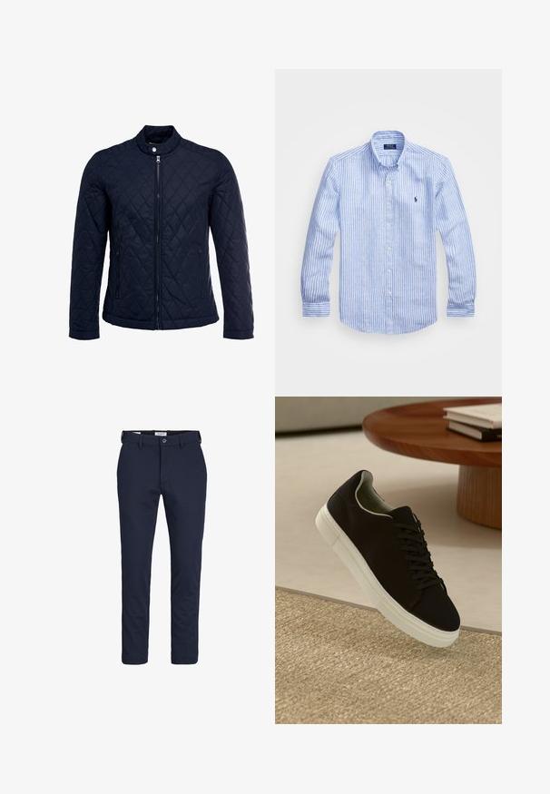 Navy quilted jacket featuring a stand-up collar, full front zip, and two side pockets. Material has a smooth texture with diamond patterns.; Blue and white striped long-sleeve shirt made of cotton, featuring a button-down collar, front buttons, and a small embroidered logo on the chest.; Navy blue trousers made of smooth fabric, featuring a button closure, belt loops, and a tailored fit with straight legs.; Black sneaker with white sole floating above beige textured rug near round wooden table with stacked books.