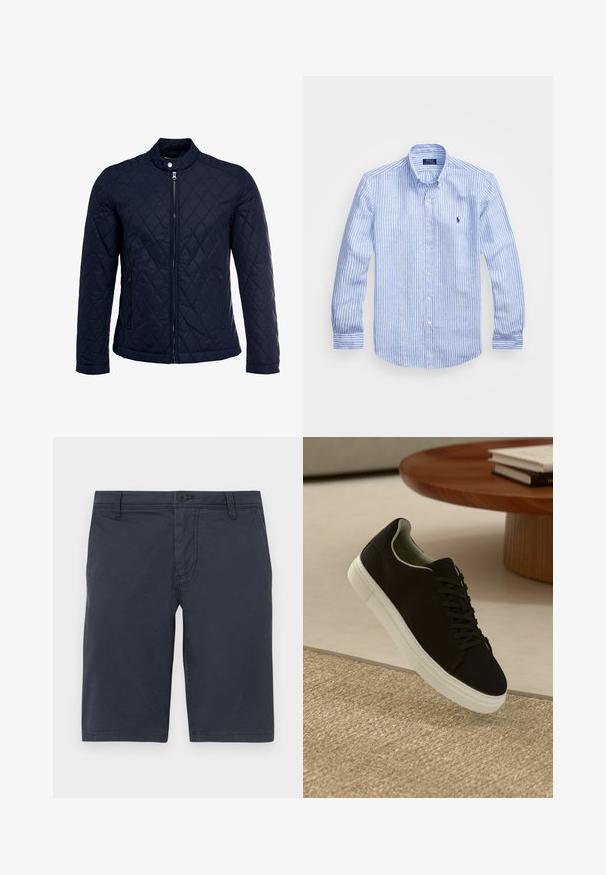 Giacca trapuntata blu navy con colletto alto, zip frontale completa e due tasche laterali. Il materiale ha una texture liscia con motivi a rombi.; Camicia a maniche lunghe a righe bianche e blu in cotone, con colletto button-down, bottoni frontali e un piccolo logo ricamato sul petto.; Pantaloni corti blu navy realizzati in tessuto testurizzato, dotati di chiusura frontale con bottone, passanti per cintura e tasche laterali standard.; Sneaker nero con suola bianca che flotta sopra un tappeto beige testurizzato vicino a un tavolo rotondo in legno con libri impilati.