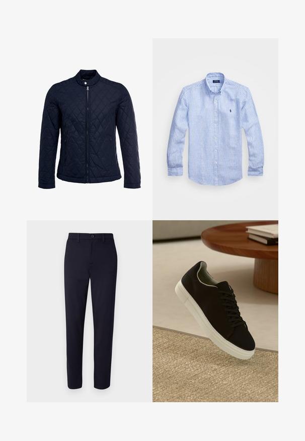 Navy quilted jacket featuring a stand-up collar, full front zip, and two side pockets. Material has a smooth texture with diamond patterns.; Blue and white striped long-sleeve shirt made of cotton, featuring a button-down collar, front buttons, and a small embroidered logo on the chest.; Navy trousers with a slim fit, featuring a flat front design, belt loops, a button closure, and smooth fabric texture.; Black sneaker with white sole floating above beige textured rug near round wooden table with stacked books.