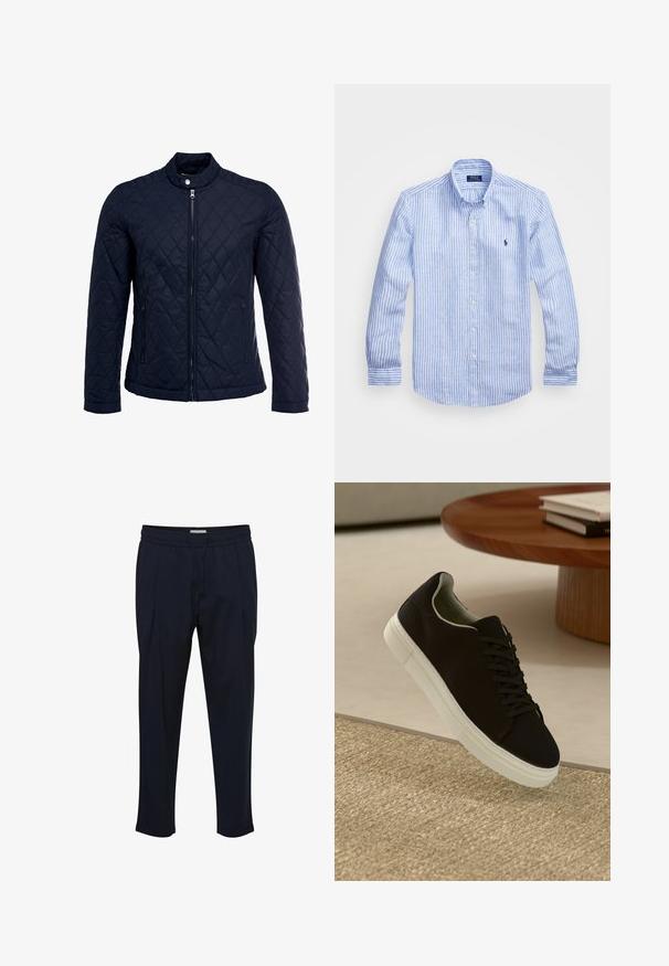 Námorníkovo prešívané sako s vysokým golierom, plným predným zipsom a dvoma bočnými vreckami. Materiál má hladkú textúru s diamantom vzorom.; Modrá a biela prúžkovaná košeľa s dlhými rukávmi vyrobená z bavlny, vybavená golierom na gombíky, prednými gombíkmi a malým vyšitým logom na hrudi.; Námořnické modré kalhoty na míru s laclem v pase, plisovaným předním dílem a zúženými kotníky. Vyrobené z hladké, lehké textilie.; Čierna teniska s bielou podrážkou plávajúca nad béžovým textúrovaným kobercom pri okrúhlom drevenom stole s hromadou kníh.