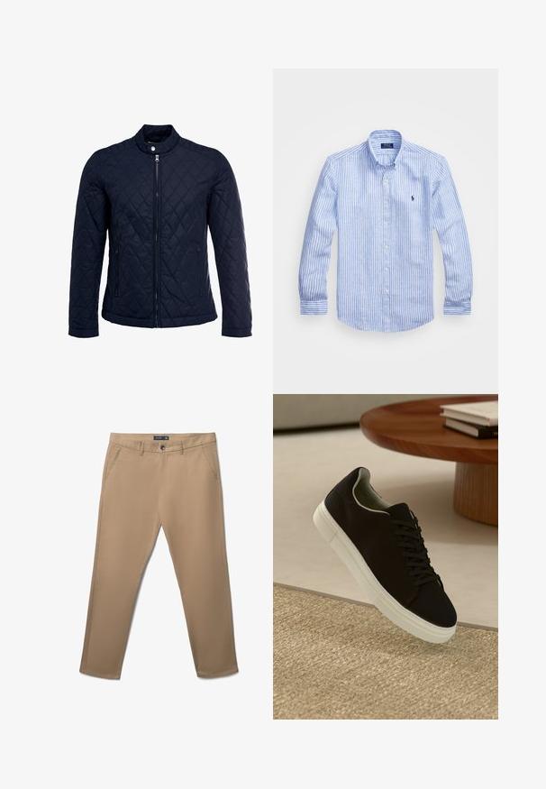 Marinefarbenes wattiertes Jackett mit Stehkragen, durchgehendem Reißverschluss und zwei seitlichen Taschen. Das Material hat eine glatte Textur mit Rautenmuster.; Blau-weißer gestreifter Langarmshirt aus Baumwolle mit einem Button-Down-Kragen, Frontknöpfen und einem kleinen gestickten Logo auf der Brust.; Beige leichte Hose mit glatter Textur, geraden Beinen, Vordertaschen und einem Knopfverschluss. Mit einem dezenten Markenlabel oberhalb des Bundes.; Schwarze Sneakers mit weißer Sohle, die über einem beige strukturierten Teppich schweben, in der Nähe eines runden Holztisches mit gestapelten Büchern.