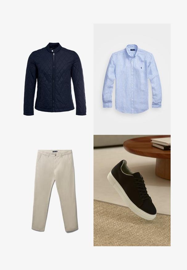 Marinefarbenes wattiertes Jackett mit Stehkragen, durchgehendem Reißverschluss und zwei seitlichen Taschen. Das Material hat eine glatte Textur mit Rautenmuster.; Blau-weißer gestreifter Langarmshirt aus Baumwolle mit einem Button-Down-Kragen, Frontknöpfen und einem kleinen gestickten Logo auf der Brust.; Beige Chino-Hosen mit flachem Vorderteil, Seitentaschen und Knopfverschluss. Hergestellt aus einem glatten Stoff und mit einer taillierten Passform.; Schwarze Sneakers mit weißer Sohle, die über einem beige strukturierten Teppich schweben, in der Nähe eines runden Holztisches mit gestapelten Büchern.