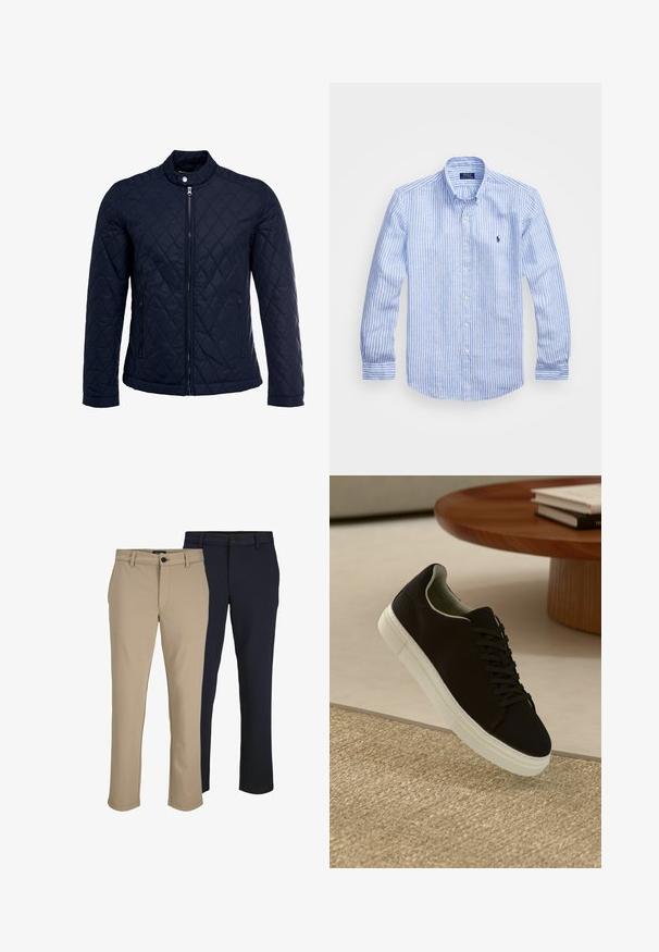 Tamsiai mėlynas užsegamas dubliažinis švarkas su stovinčiu apykakliu, visiškai užtraukiamas priekyje, ir dviem šoninėmis kišenėmis. Medžiaga turi lygią tekstūrą su deimantiniais raštais.; Mėlynos ir baltos dryžuotos ilgomis rankovėmis medvilninė marškiniai, turintys sagtelę ant apykaklės, priekinius mygtukus ir mažą išsiuvinėtą logotipą krūtinėje.; Du nemen tie pritaikytų kelnių; vienos bežinės, o kitos tamsiai mėlynos. Savybės: plokščias priekis, diržo kilpos ir viršutinis mygtuko uždarymas. Švelni audinio textura.; Juodas sportinis batelis su baltu padu, lekiančius virš smėlio spalvos tekstūruoto kilimo šalia apvalaus medinio stalo su sukrautomis knygomis.