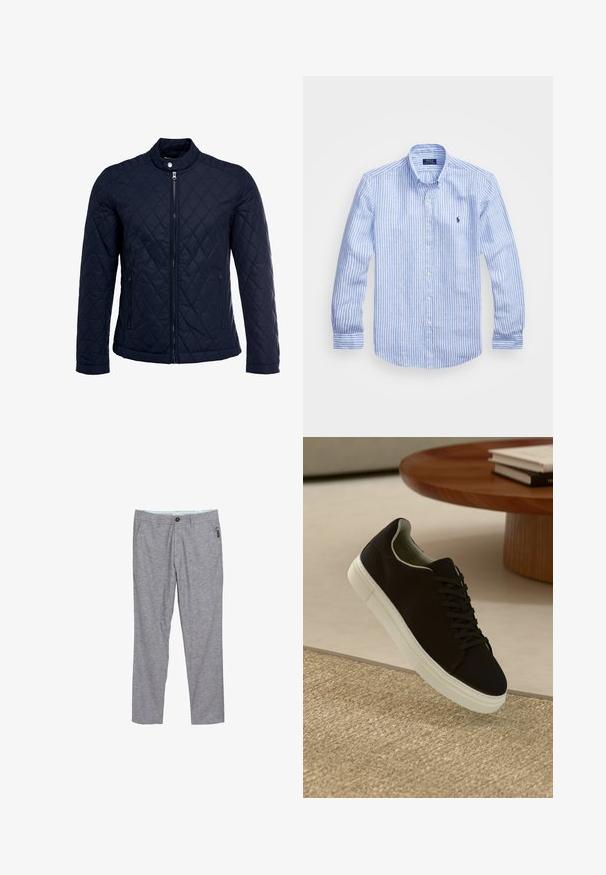 Marineblauwe gewatteerde jas met een staande kraag, volledige ritssluiting aan de voorkant en twee zijzakken. Materiaal heeft een gladde textuur met ruitpatronen.; Blauw-wit gestreept overhemd met lange mouwen van katoen, met een button-down kraag, knopen aan de voorkant en een klein geborduurd logo op de borst.; Grijze, recht gesneden broek gemaakt van een gestructureerde stof. Beschikt over een knoopsluiting, riemenlussen en een klein zijvak.; Zwarte sneaker met witte zool die boven een beige gestructureerd tapijt zweeft, nabij een ronde houten tafel met gestapelde boeken.