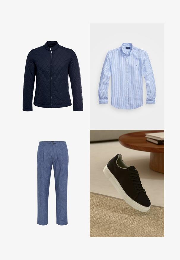 Tamsiai mėlynas užsegamas dubliažinis švarkas su stovinčiu apykakliu, visiškai užtraukiamas priekyje, ir dviem šoninėmis kišenėmis. Medžiaga turi lygią tekstūrą su deimantiniais raštais.; Mėlynos ir baltos dryžuotos ilgomis rankovėmis medvilninė marškiniai, turintys sagtelę ant apykaklės, priekinius mygtukus ir mažą išsiuvinėtą logotipą krūtinėje.; Mėlyni chambray kelnės su laisvu siluetu, turinčios priekinę raukšlę, šonines kišenes ir vieną mygtuką juosmens srityje.; Juodas sportinis batelis su baltu padu, lekiančius virš smėlio spalvos tekstūruoto kilimo šalia apvalaus medinio stalo su sukrautomis knygomis.