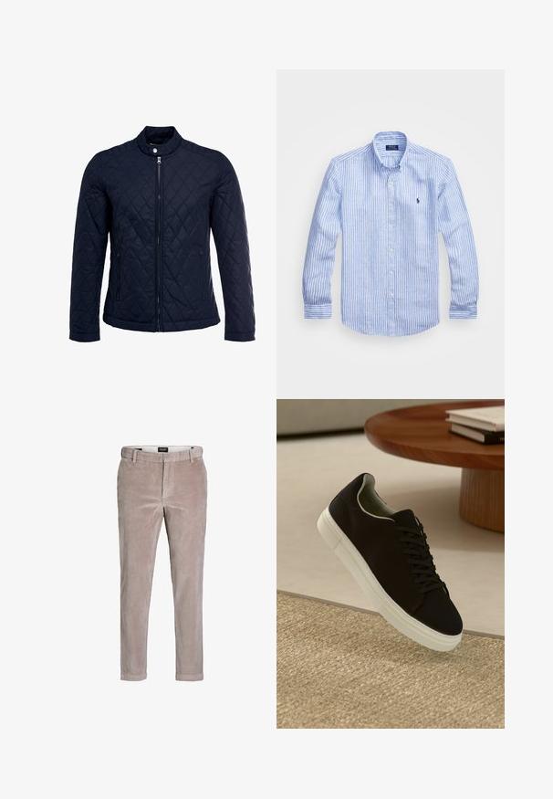 Marineblå quiltet jakke med stått krage, hel frontglidelås og to sidelommer. Materialet har en glatt tekstur med diamantmønster.; Blå og hvit stripete langermet skjorte laget av bomull, med knappekrage, frontknapper og en liten brodert logo på brystet.; Lys brune slank-passede kordfløyelsbukser med knapplukking og belte-løkker, designet for casual eller semi-formell bruk.; Svart sneakers med hvit såle som svever over en beige teksturert teppe nær et rundt trebord med stablede bøker.