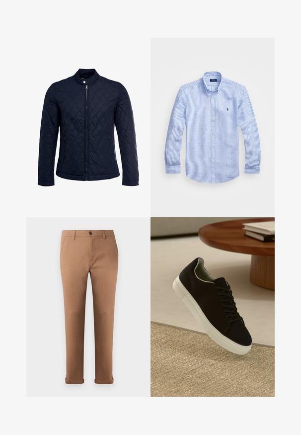 Marinefarbenes wattiertes Jackett mit Stehkragen, durchgehendem Reißverschluss und zwei seitlichen Taschen. Das Material hat eine glatte Textur mit Rautenmuster.; Blau-weißer gestreifter Langarmshirt aus Baumwolle mit einem Button-Down-Kragen, Frontknöpfen und einem kleinen gestickten Logo auf der Brust.; Braune Baumwollhose mit geradem Schnitt, ausgestattet mit einem Knopfverschluss vorne, Gürtelschlaufen und umgeschlagenen Säumen.; Schwarze Sneakers mit weißer Sohle, die über einem beige strukturierten Teppich schweben, in der Nähe eines runden Holztisches mit gestapelten Büchern.