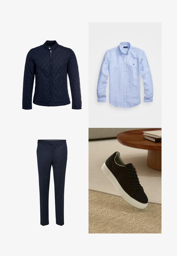 Navy quilted jacket featuring a stand-up collar, full front zip, and two side pockets. Material has a smooth texture with diamond patterns.; Blue and white striped long-sleeve shirt made of cotton, featuring a button-down collar, front buttons, and a small embroidered logo on the chest.; Navy dress pants made of smooth fabric, featuring a flat front, slanted pockets, and a straight leg design. Minimalistic with no visible patterns.; Black sneaker with white sole floating above beige textured rug near round wooden table with stacked books.