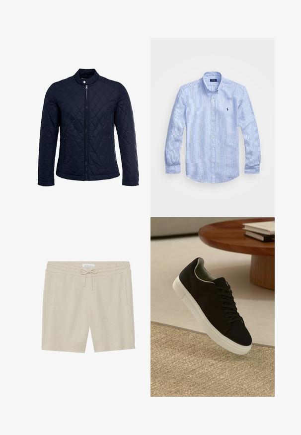 Marinefarbenes wattiertes Jackett mit Stehkragen, durchgehendem Reißverschluss und zwei seitlichen Taschen. Das Material hat eine glatte Textur mit Rautenmuster.; Blau-weißer gestreifter Langarmshirt aus Baumwolle mit einem Button-Down-Kragen, Frontknöpfen und einem kleinen gestickten Logo auf der Brust.; Khakifarbene Shorts aus weichem Stoff, mit einem Kordelzugbund, zwei seitlichen Taschen und einer lockeren Passform.; Schwarze Sneakers mit weißer Sohle, die über einem beige strukturierten Teppich schweben, in der Nähe eines runden Holztisches mit gestapelten Büchern.