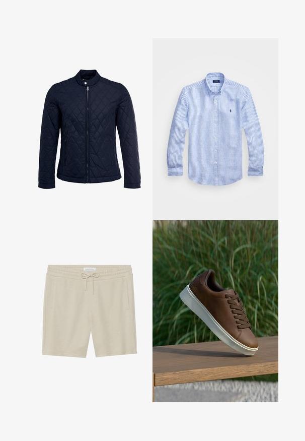 Tumesinine tikitud jakk, millel on püstine krae, täispikk tõmblukk ja kaks küljetaskut. Materjal on sileda tekstuuriga ja kaunistatud rombikujuliste mustritega.; Sinine ja valge triibuline pikkade varrukatega särk, mis on valmistatud puuvillast, ning millel on nööbitav krae, esi-nööbid ja väikese tikandiga logo rinnal.; Kreemivärvi lühikesed püksid, mis on valmistatud pehmest kangast, hõlmates kummist ja litsimisnööriga vöökohta, kahe küljetasku ning mugava lõikega.; Pruun nahast tenniseking valge kummist tallaga, ümar varvas ja pruunid laced. Talla tekstuuriline haardepind ja ülemise sile pind.