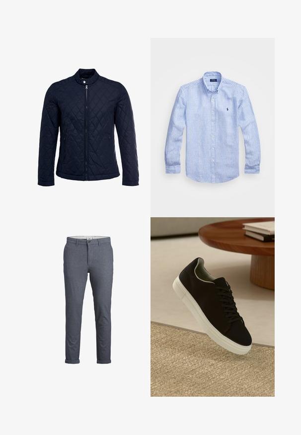 Tamsiai mėlynas užsegamas dubliažinis švarkas su stovinčiu apykakliu, visiškai užtraukiamas priekyje, ir dviem šoninėmis kišenėmis. Medžiaga turi lygią tekstūrą su deimantiniais raštais.; Mėlynos ir baltos dryžuotos ilgomis rankovėmis medvilninė marškiniai, turintys sagtelę ant apykaklės, priekinius mygtukus ir mažą išsiuvinėtą logotipą krūtinėje.; Vyriški prisiūti kelnių modeliai tamsiai mėlynu zigzagu, su mygtukų užsegimu, grakščiu dizainu ir suktomis gaubtais. Pagaminti iš lengvos medžiagos.; Juodas sportinis batelis su baltu padu, lekiančius virš smėlio spalvos tekstūruoto kilimo šalia apvalaus medinio stalo su sukrautomis knygomis.