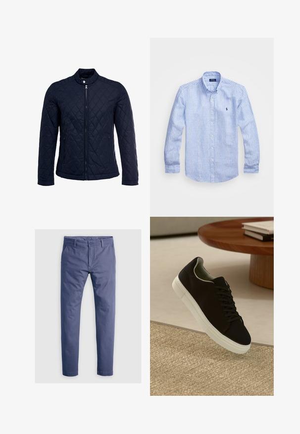 Marineblå quiltet jakke med stått krage, hel frontglidelås og to sidelommer. Materialet har en glatt tekstur med diamantmønster.; Blå og hvit stripete langermet skjorte laget av bomull, med knappekrage, frontknapper og en liten brodert logo på brystet.; Chinos i mellomblå nyanse, laget av bomull, med en standard innsnevret passform, frontlommer og en glatt tekstur.; Svart sneakers med hvit såle som svever over en beige teksturert teppe nær et rundt trebord med stablede bøker.