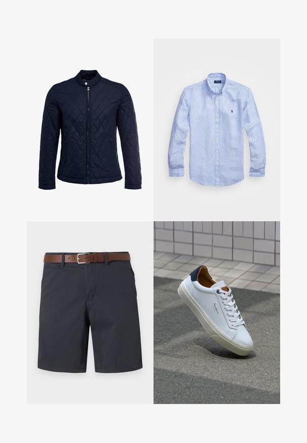 Mornarsko podloženo jakno z dvignjenim ovratnikom, polnim zadrgo in dvema stranskima žepoma. Material ima gladko teksturo s diamantnimi vzorci.; Modra in bela prugasta srajca z dolgimi rokavi iz bombaža, s kragnico na gumb, sprednjimi gumbi in majhnim izvezenim logotipom na prsih.; Temno modri kratki hlače iz strukturirane tkanine, z rjavim usnjenim pasom. Klasičen kroj z dvema stranskima žepoma in enostavno obrobljenimi robovi.; Beli usnjeni čevelj s plavo peto, okrogelimi prsti in kontrastnimi rjavimi detajli. Ima ravne vezalke in teksturiran gumijast podplat.