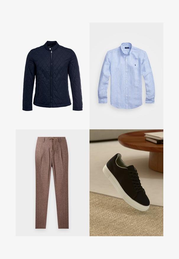 Casaco acolchoado azul-marinho com gola elevada, fecho de correr à frente e dois bolsos laterais. O material tem uma textura suave com padrões de diamante.; Camisa de manga longa azul e branca com riscas, feita de algodão, apresentando um colarinho abotoado, botões frontais e um pequeno logotipo bordado no peito.; Calças castanhas, texturizadas, com um padrão em espinha de peixe, apresentando um cós com cordão e duas pregas frontais. Design de perna reta.; Sneaker preto com sola branca flutuando acima de um tapete texturizado bege, perto de uma mesa redonda de madeira com livros empilhados.