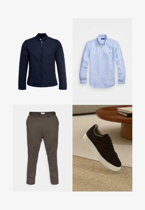 Navy quilted jacket featuring a stand-up collar, full front zip, and two side pockets. Material has a smooth texture with diamond patterns.; Blue and white striped long-sleeve shirt made of cotton, featuring a button-down collar, front buttons, and a small embroidered logo on the chest.; Jack & Jones JPSTMARCO JJCOOPER - Chinos - wren; Black sneaker with white sole floating above beige textured rug near round wooden table with stacked books.