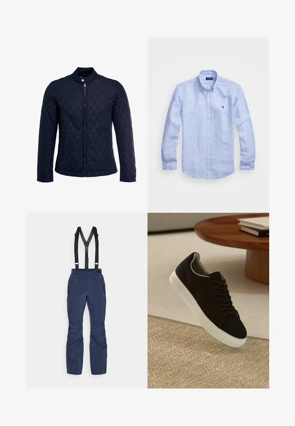 Chaqueta acolchada de color navy que cuenta con un cuello alzado, cierre frontal completo y dos bolsillos laterales. El material tiene una textura suave con patrones en forma de rombo.; Camisa de manga larga a rayas azul y blanca hecha de algodón, con cuello de botón, botones en el frente y un pequeño logo bordado en el pecho.; Pantalones de esquí en color navy con tirantes negros ajustables, bolsillos con cremallera a ambos lados y un diseño aerodinámico y resistente al agua.; Zapatilla negra con suela blanca flotando sobre una alfombra texturizada beige cerca de una mesa redonda de madera con libros apilados.